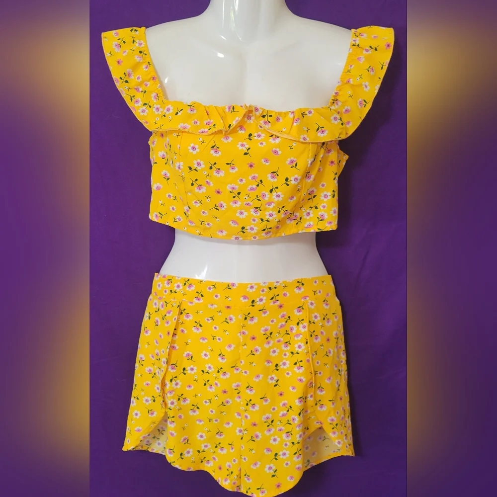Shein mustard yellow pink floral off shoulder 2 piece set - Picture 1 of 15